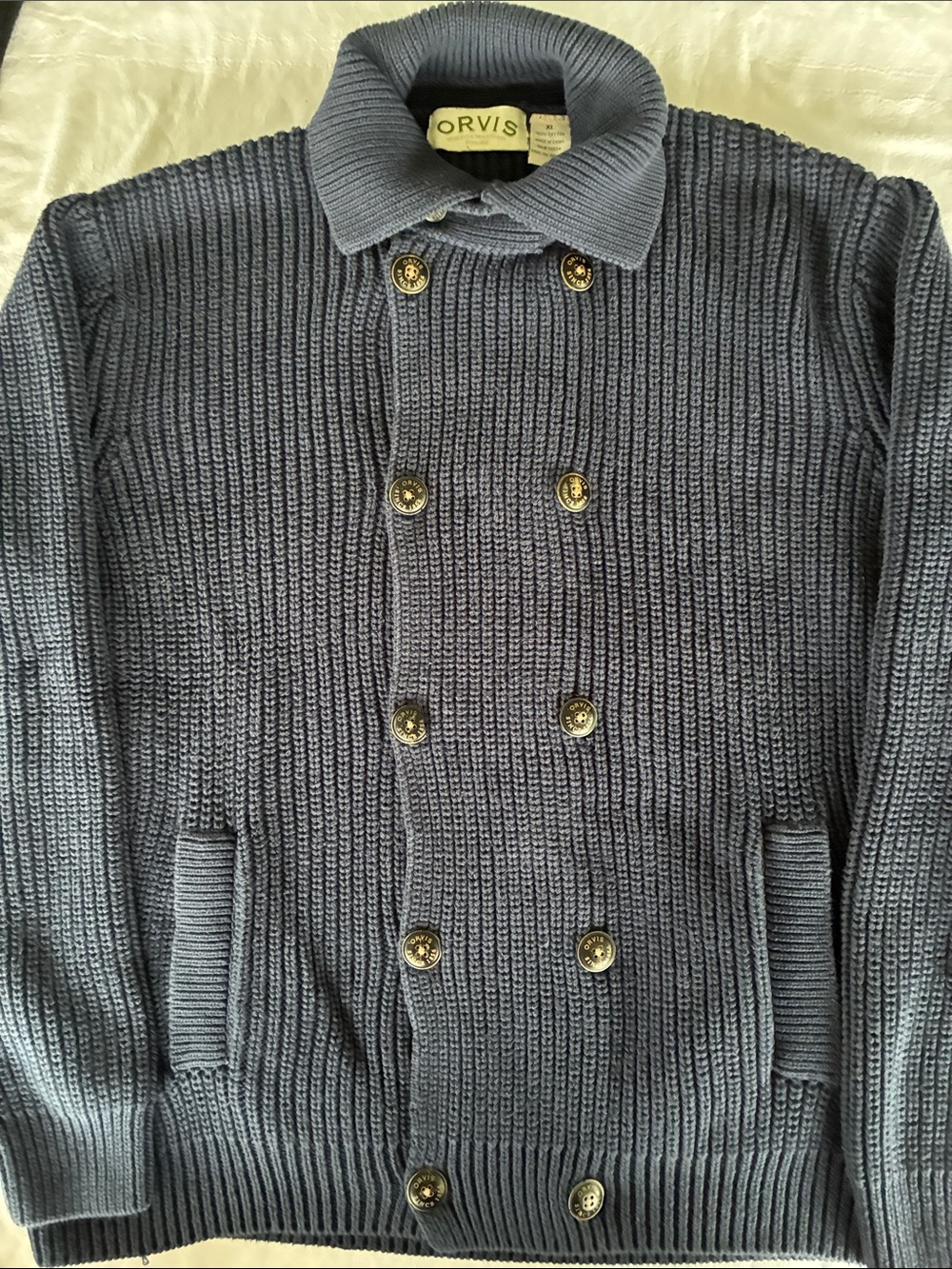 Orvis Slate Blue Ribbed Double-Breasted Pea Coat with Brass Buttons
